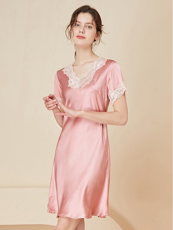 Kurzes Maulbeerseide Nachthemd mit Spitze für Damen Nachthemd aus Seide C003