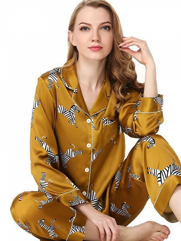 Langes Pyjamas-Set aus Seide mit Zebradruck für Damen Nachtwäsche aus