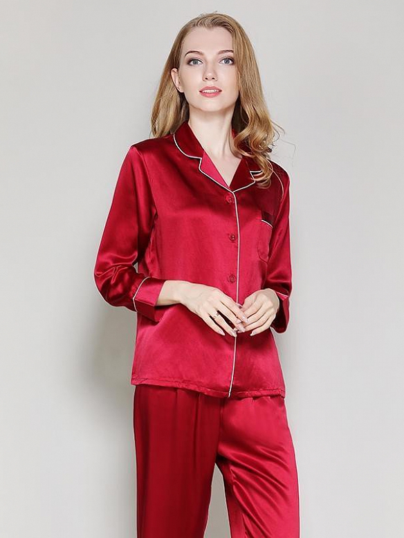 Langes Klassisches Pyjama-Set aus Seide für Damen Seidenpyjama Nachtwäsche aus Seide (mehrfarbig) A002