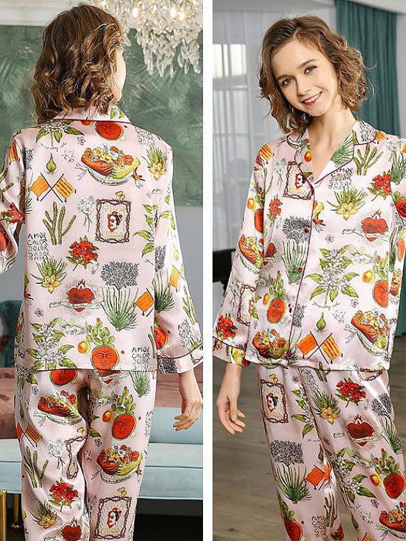 19 Momme Langes Geblümtes Pyjama-Set aus Seide für Damen Luxus Nachtwäsche aus Seide A003