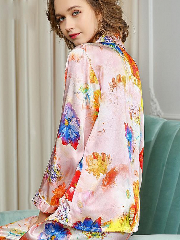 19 Momme Langes Geblümtes Pyjama-Set aus Seide für Damen Luxus Nachtwäsche aus Seide A003