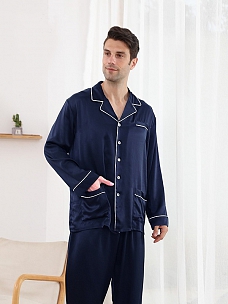 Langes Klassisches Pyjama Set aus Seide für Herren 19 Momme Maulbeerseide Pyjama E002