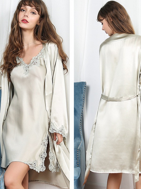 Kurze Seide Spitze Nachthemd und Morgenmantel Set für Damen B001