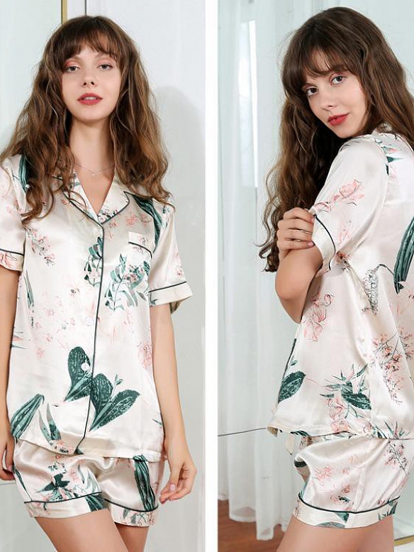 19 Momme Kurzes Geblümtes Pyjama-Set aus Seide für Damen Luxus Nachtwäsche aus Seide A005