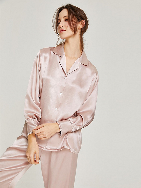 Langes Klassisches Pyjama-Set aus Seide für Damen Seide Schlafanzug A015