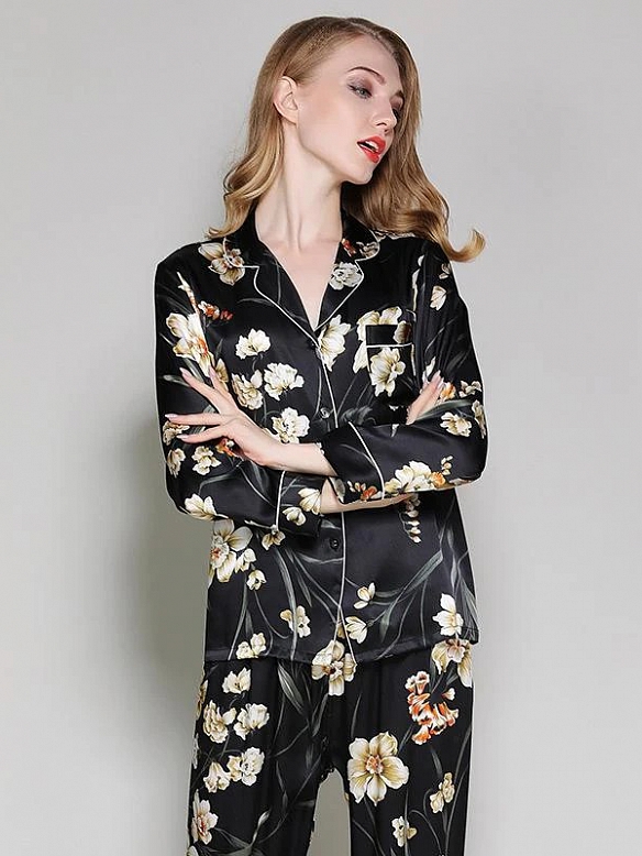 19 Momme Kurzes Geblümtes Pyjama-Set aus Seide für Damen Luxus Nachtwäsche aus Seide A009