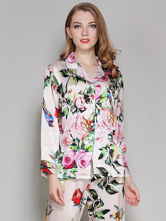 19 Momme Langes Geblümtes Pyjama-Set aus Seide für Damen Luxus Nachtwäsche aus Seide A006