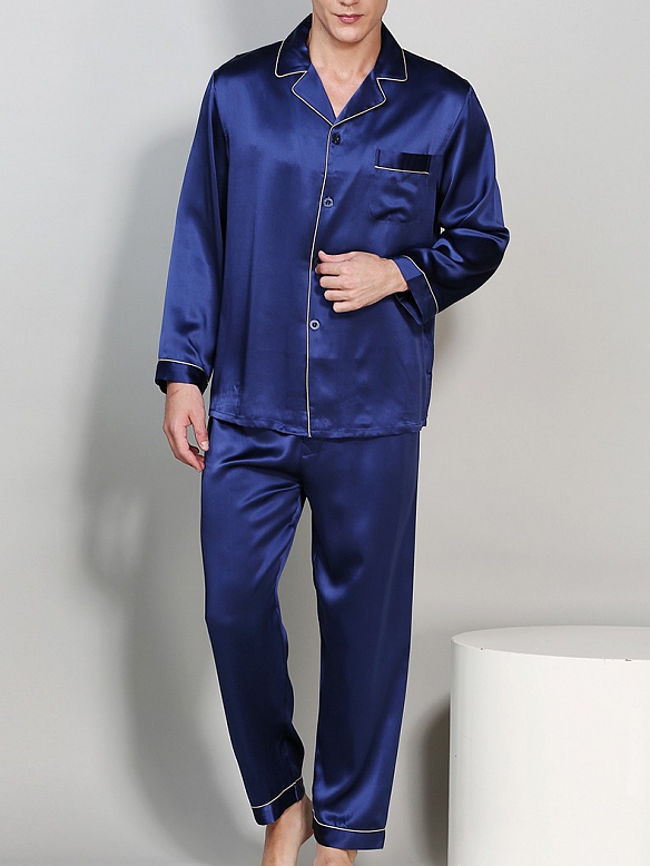 19 Momme Luxus Langes Pyjama-Set aus Seide für Herren Nachtwäsche aus Seide E001