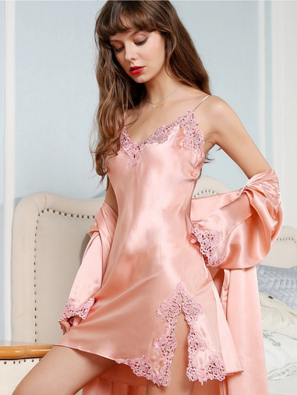 Kurze Seide Spitze Nachthemd und Morgenmantel Set für Damen B001