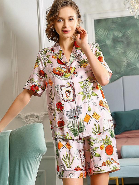 19 Momme Kurzes Geblümtes Pyjama-Set aus Seide für Damen Luxus Nachtwäsche aus Seide A005