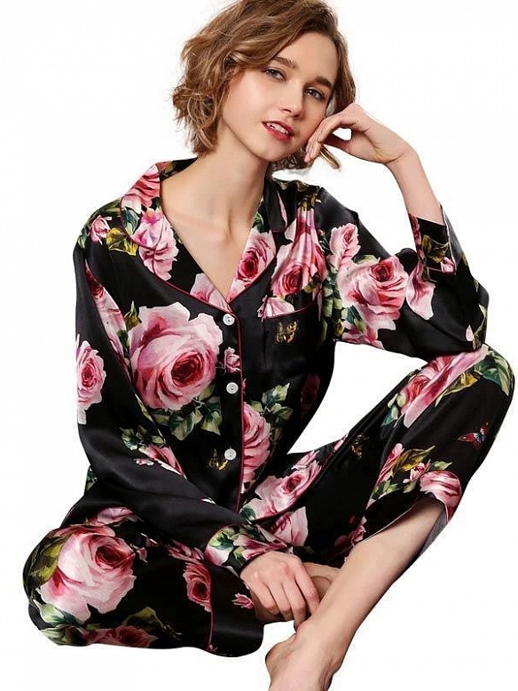 19 Momme Langes Geblümtes Pyjama-Set aus Seide für Damen Luxus Nachtwäsche aus Seide A010