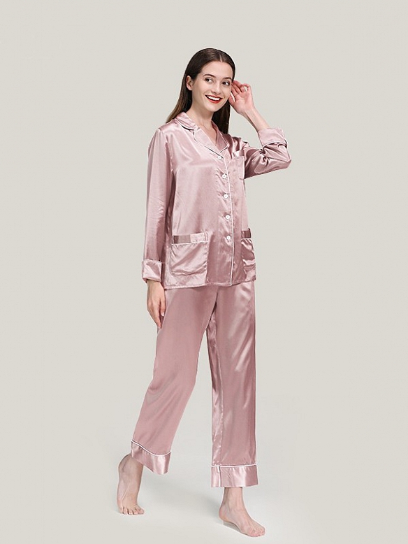 22 Momme Luxus Maulbeerseides Langes Pyjama Set für Damen Schlafanzug aus Seide A020