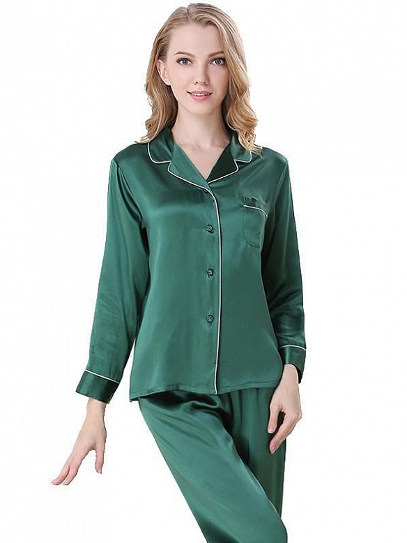 Langes Klassisches Pyjama-Set aus Seide für Damen Seidenpyjama Nachtwäsche aus Seide (mehrfarbig) A002