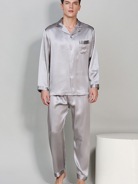 19 Momme Luxus Langes Pyjama-Set aus Seide für Herren Nachtwäsche aus Seide E001