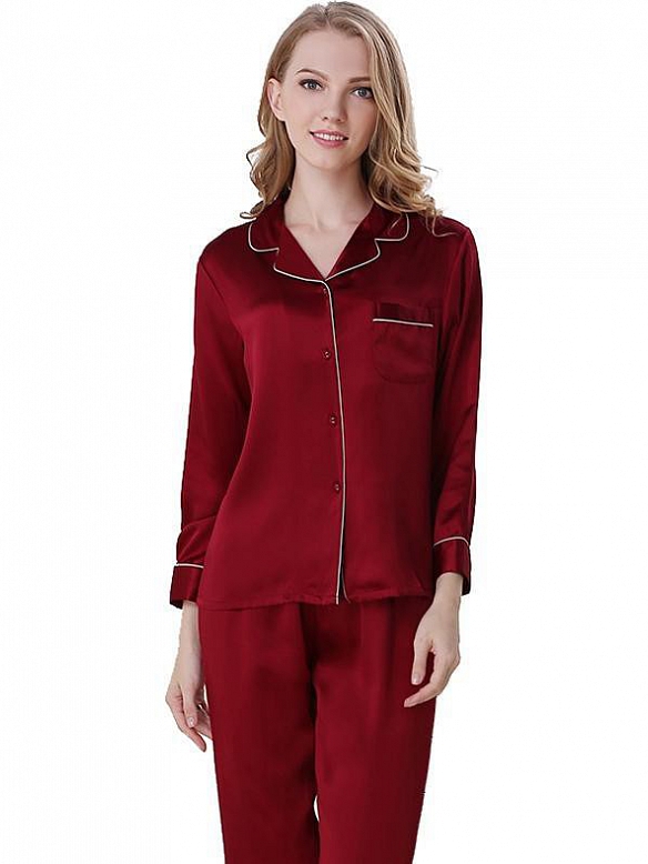 Langes Klassisches Pyjama-Set aus Seide für Damen Seidenpyjama Nachtwäsche aus Seide (mehrfarbig) A002
