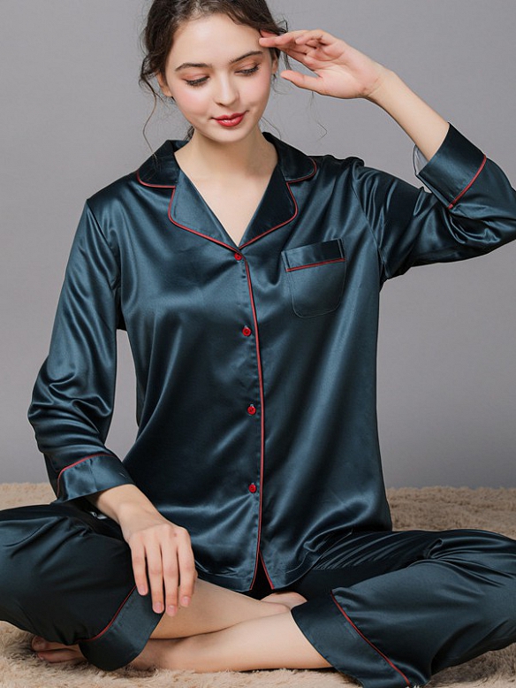 Klassisches Maulbeerseide Couple Pärchen Pyjama Set Schlafanzug aus Seide A019