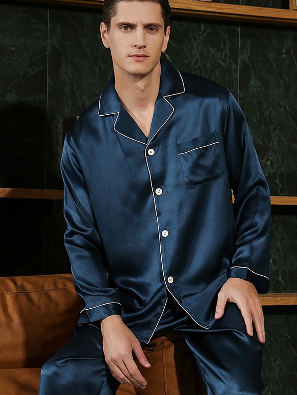 19 Momme Luxus Langes Pyjama-Set aus Seide für Herren Nachtwäsche aus Seide E001