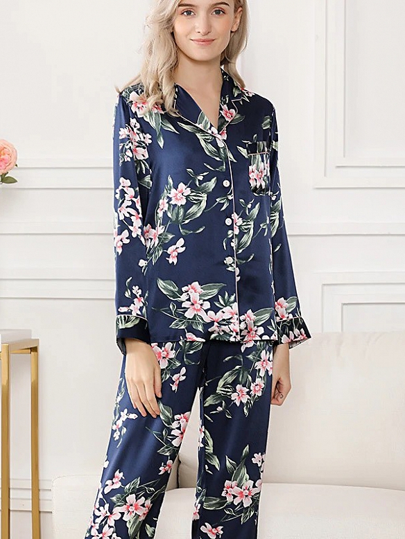 Pyjamas aus Seide für Damen Langärmliges Damen Pyjama-Set aus Seide A013