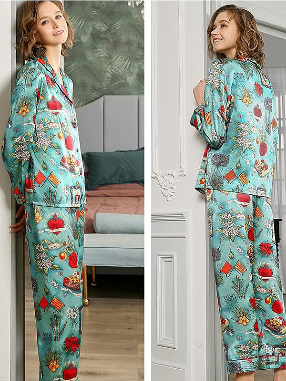 19 Momme Langes Geblümtes Pyjama-Set aus Seide für Damen Luxus Nachtwäsche aus Seide A003