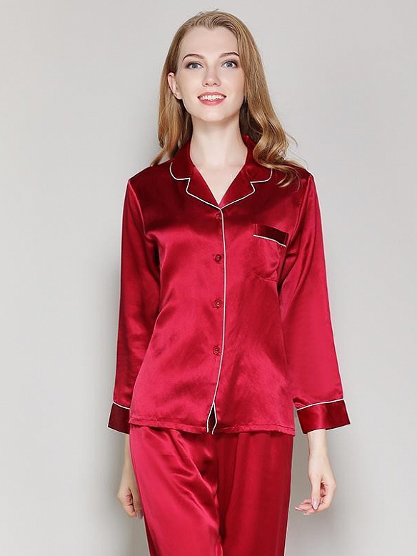 Langes Klassisches Pyjama-Set aus Seide für Damen Seidenpyjama Nachtwäsche aus Seide (mehrfarbig) A002