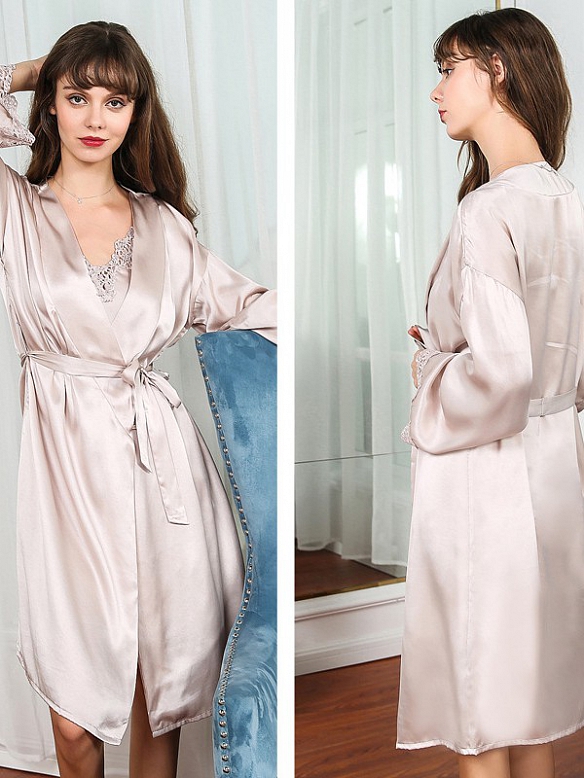 Kurze Seide Spitze Nachthemd und Morgenmantel Set für Damen B001