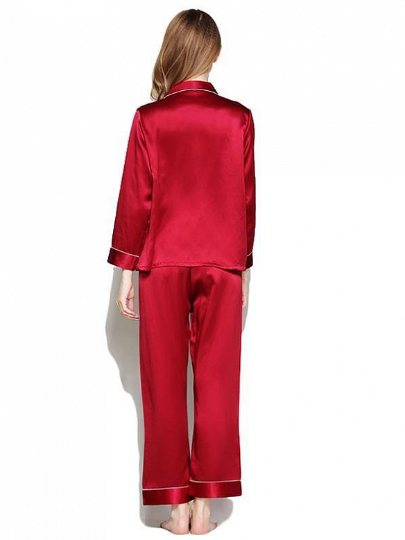 Langes Klassisches Pyjama-Set aus Seide für Damen Seidenpyjama Nachtwäsche aus Seide (mehrfarbig) A002