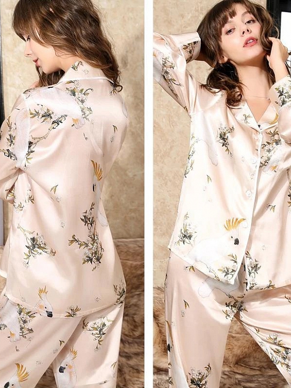 19 Momme Langes Gedrucktes Pyjama-Set aus Seide für Damen Lange Luxus Nachtwäsche aus Seide A008