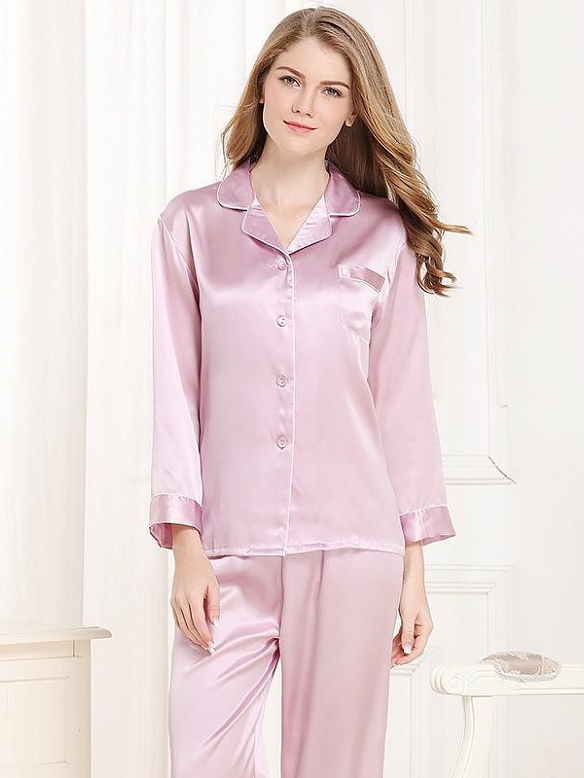 Langes Klassisches Pyjama-Set aus Seide für Damen Seidenpyjama Nachtwäsche aus Seide (mehrfarbig) A002