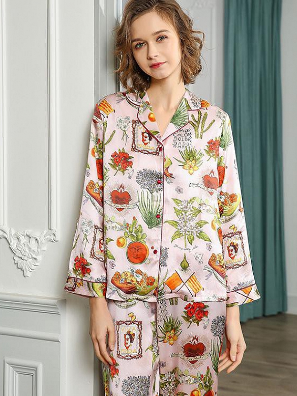 19 Momme Langes Geblümtes Pyjama-Set aus Seide für Damen Luxus Nachtwäsche aus Seide A003